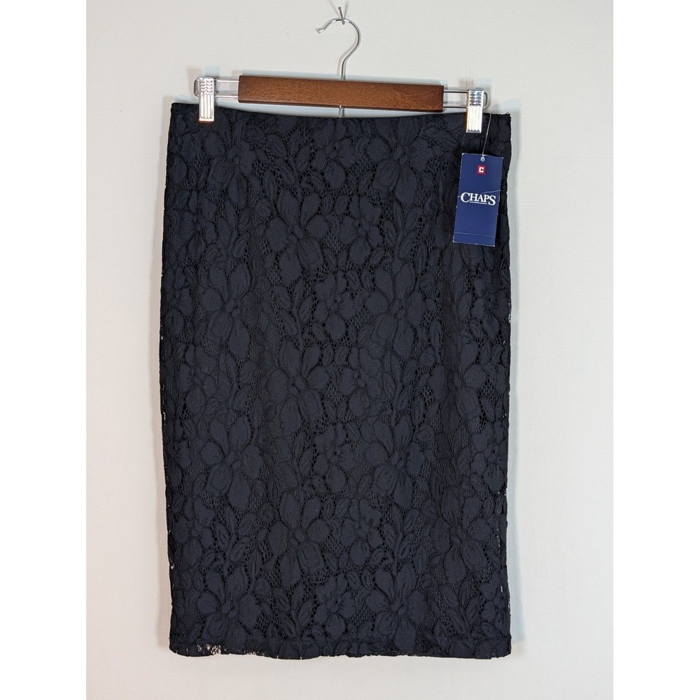 Chaps Women Black Floral Lace Pencil Skirt Knee Length Size 6 NWT City Classic